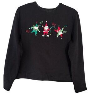 BECHAMEL Holiday Santa sweatshirt size Medium Petite, black with fun Santas